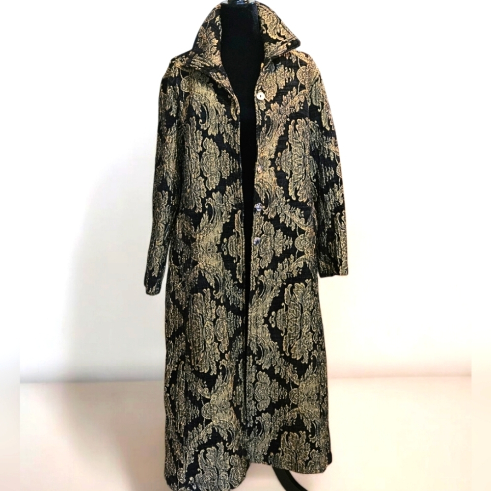 Vintage 1960s Hand-made, heavy fabric Tapestry Gold & Black Floor Length Coat.